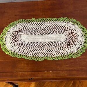 Handcrafted White and Green Crochet Table Runner